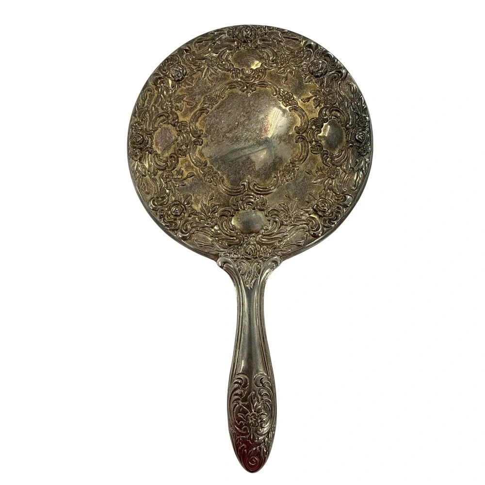 Vintage Vanity Set Women Silver Plated Floral Repousse Mirror Brush Comb 3pc
